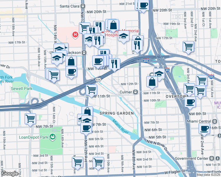 map of restaurants, bars, coffee shops, grocery stores, and more near 1120 Northwest 10th Avenue in Miami
