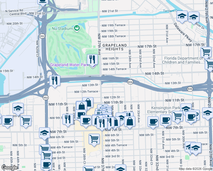map of restaurants, bars, coffee shops, grocery stores, and more near 3615 Northwest 13th Street in Miami