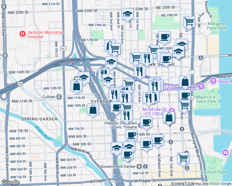 map of restaurants, bars, coffee shops, grocery stores, and more near 1117 Northwest 3rd Avenue in Miami