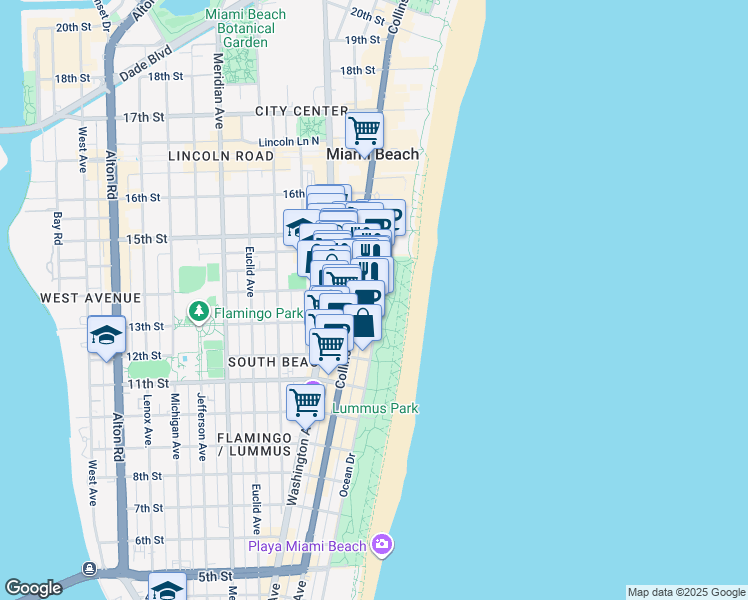 map of restaurants, bars, coffee shops, grocery stores, and more near 1390 Ocean Drive in Miami Beach
