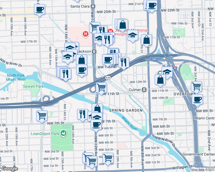 map of restaurants, bars, coffee shops, grocery stores, and more near 1155 Northwest 11th Street in Miami