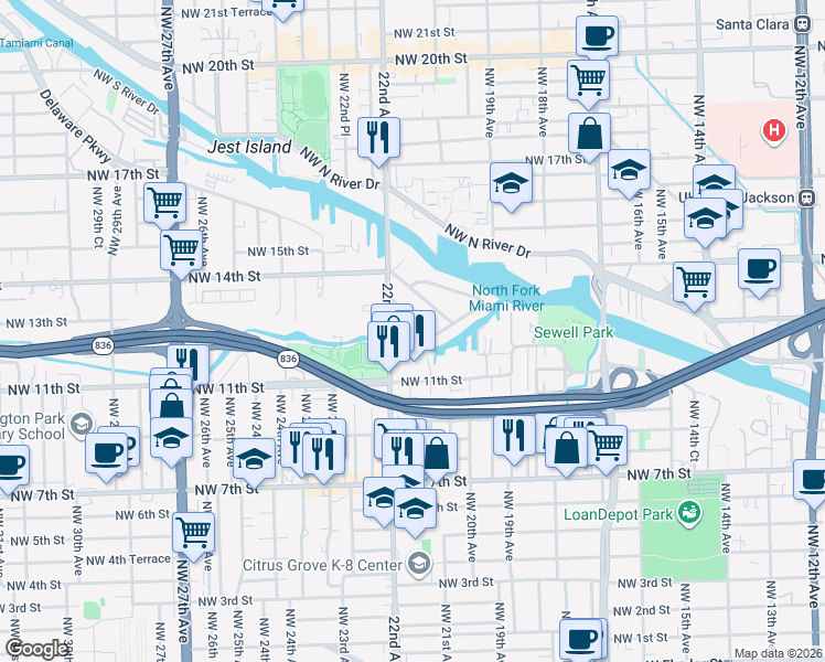 map of restaurants, bars, coffee shops, grocery stores, and more near 2130 Northwest 13th Street in Miami