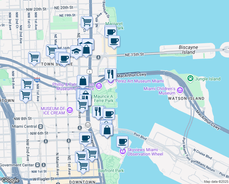 map of restaurants, bars, coffee shops, grocery stores, and more near Museum Park Baywalk in Miami