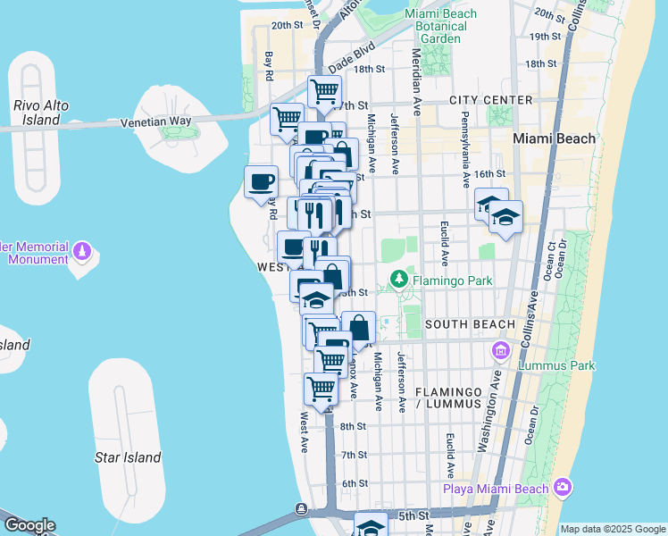 map of restaurants, bars, coffee shops, grocery stores, and more near 1355 Alton Road in Miami Beach