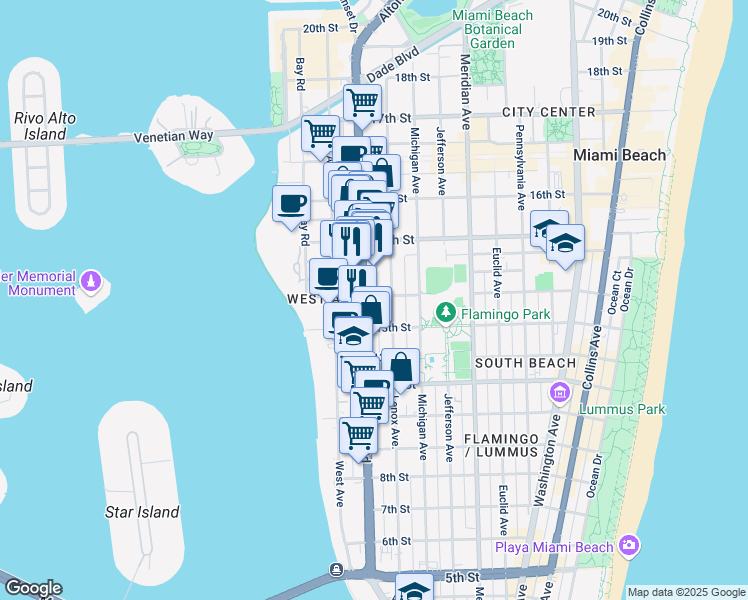 map of restaurants, bars, coffee shops, grocery stores, and more near 1355 Alton Road in Miami Beach
