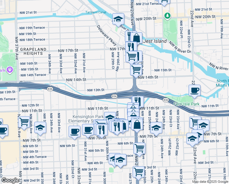 map of restaurants, bars, coffee shops, grocery stores, and more near 1280 Northwest 29th Avenue in Miami