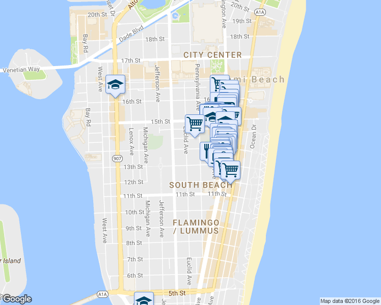 map of restaurants, bars, coffee shops, grocery stores, and more near 1340 Pennsylvania Avenue in Miami Beach