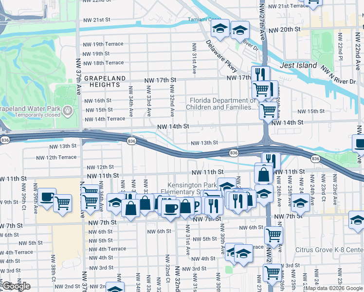 map of restaurants, bars, coffee shops, grocery stores, and more near 3050-3052 Northwest 13th Avenue in Miami