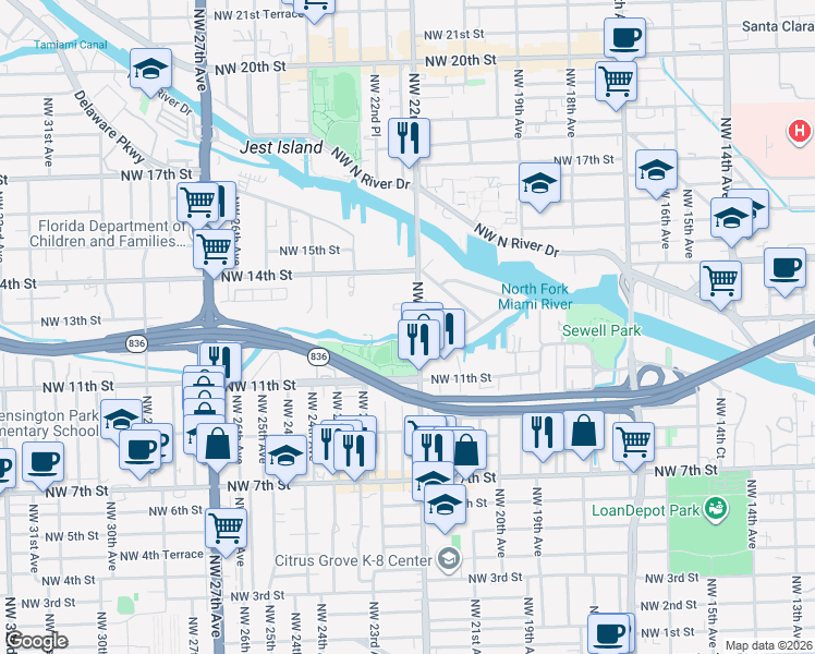 map of restaurants, bars, coffee shops, grocery stores, and more near 1250 Northwest 22nd Avenue in Miami