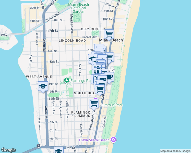map of restaurants, bars, coffee shops, grocery stores, and more near in Miami Beach
