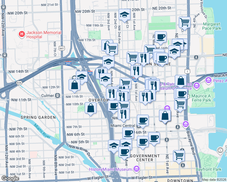 map of restaurants, bars, coffee shops, grocery stores, and more near 1130 Northwest 2nd Avenue in Miami