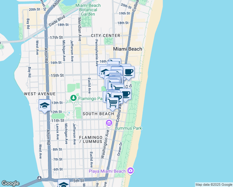 map of restaurants, bars, coffee shops, grocery stores, and more near 222 14th Street in Miami Beach