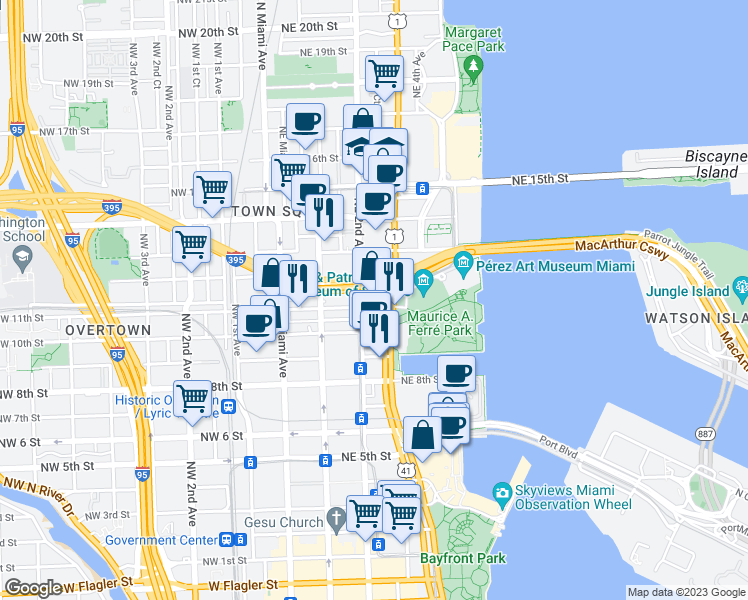 map of restaurants, bars, coffee shops, grocery stores, and more near 1100 Northeast 11th Street in Miami