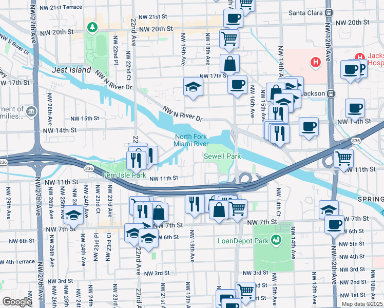 map of restaurants, bars, coffee shops, grocery stores, and more near 1901 Northwest South River Drive in Miami