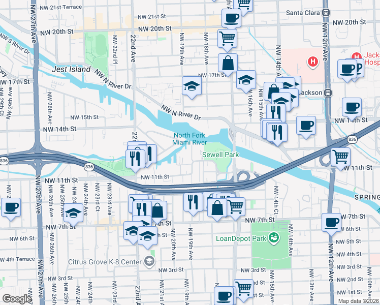 map of restaurants, bars, coffee shops, grocery stores, and more near 1901 Northwest South River Drive in Miami
