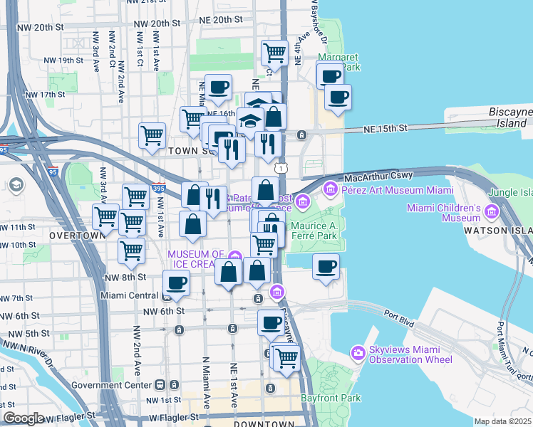 map of restaurants, bars, coffee shops, grocery stores, and more near 1100 Biscayne Boulevard in Miami