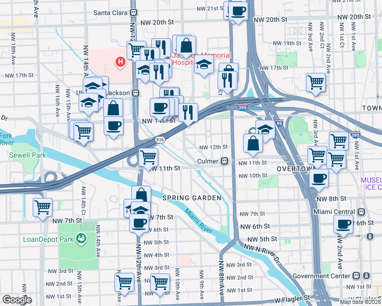 map of restaurants, bars, coffee shops, grocery stores, and more near 1120 Northwest 10th Avenue in Miami