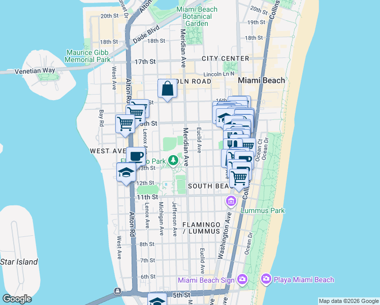 map of restaurants, bars, coffee shops, grocery stores, and more near in Miami Beach