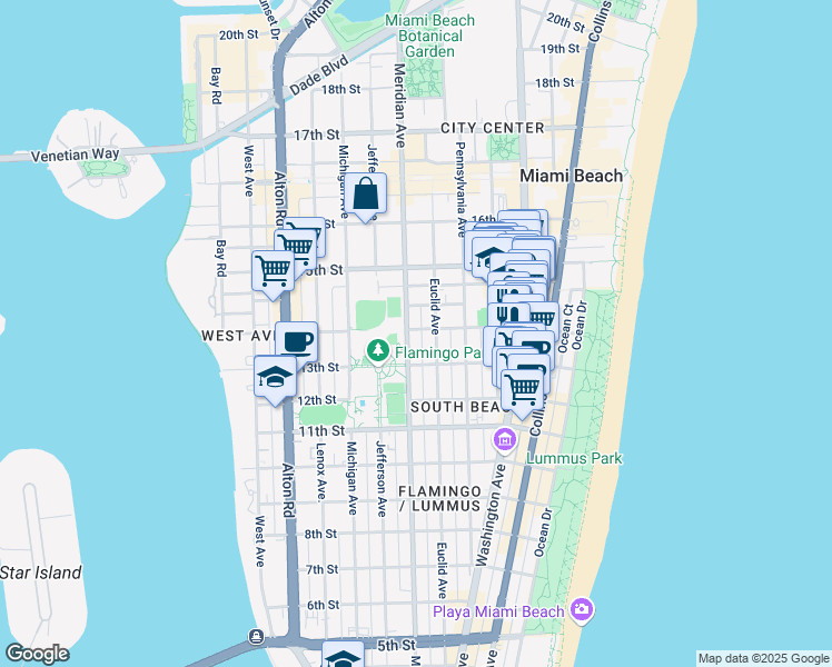 map of restaurants, bars, coffee shops, grocery stores, and more near 1411 Meridian Avenue in Miami Beach