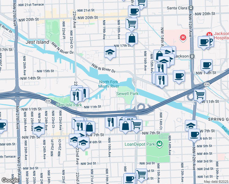 map of restaurants, bars, coffee shops, grocery stores, and more near 1861 Northwest South River Drive in Miami