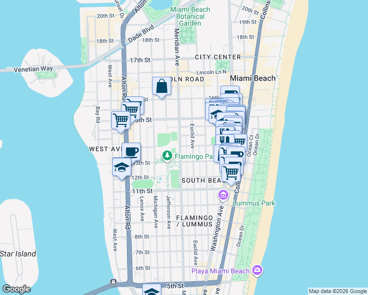 map of restaurants, bars, coffee shops, grocery stores, and more near 1411 Meridian Avenue in Miami Beach