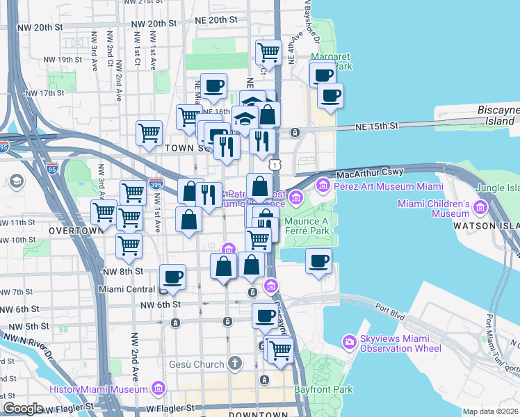 map of restaurants, bars, coffee shops, grocery stores, and more near 1100 Northeast 11th Street in Miami