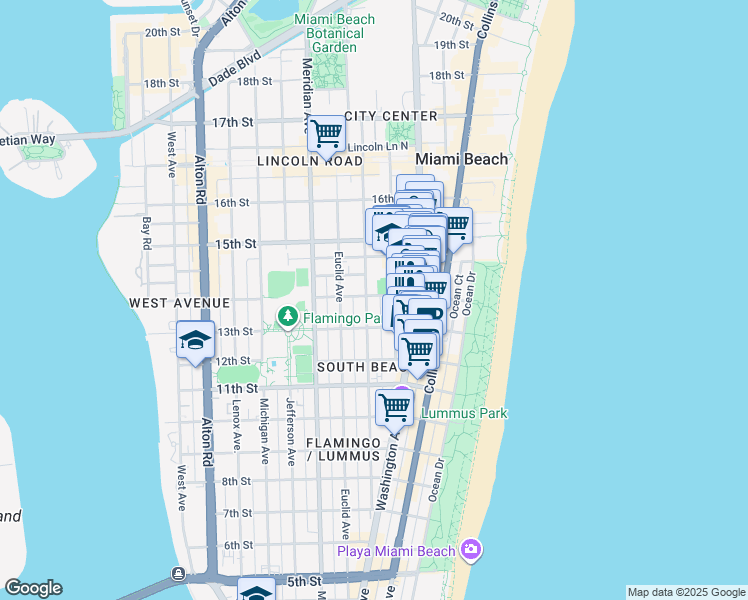 map of restaurants, bars, coffee shops, grocery stores, and more near 1340 Pennsylvania Avenue in Miami Beach