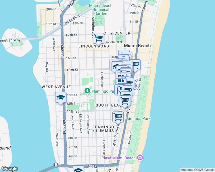 map of restaurants, bars, coffee shops, grocery stores, and more near 1340 Pennsylvania Avenue in Miami Beach
