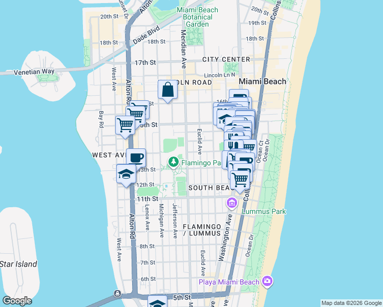 map of restaurants, bars, coffee shops, grocery stores, and more near in Miami Beach