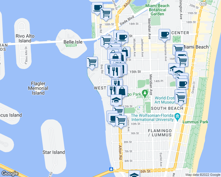 map of restaurants, bars, coffee shops, grocery stores, and more near in Miami Beach