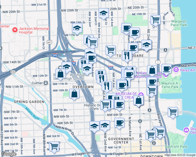 map of restaurants, bars, coffee shops, grocery stores, and more near 1130 Northwest 2nd Avenue in Miami