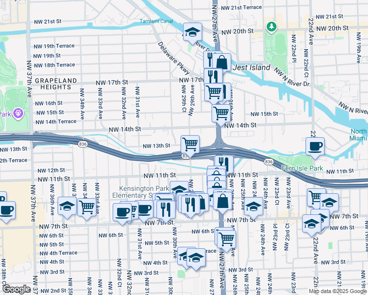 map of restaurants, bars, coffee shops, grocery stores, and more near 1280 Northwest 29th Avenue in Miami