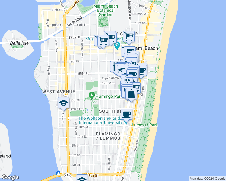 map of restaurants, bars, coffee shops, grocery stores, and more near 1358 Pennsylvania Avenue in Miami Beach