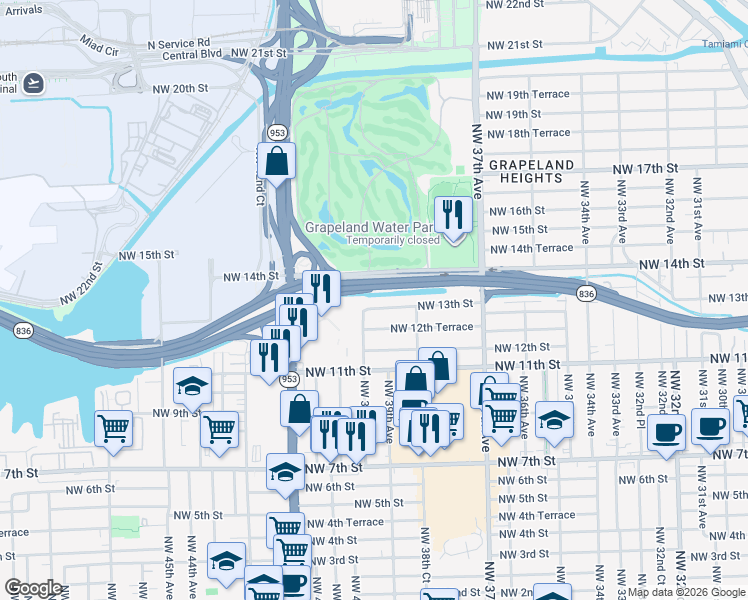 map of restaurants, bars, coffee shops, grocery stores, and more near 3921 Northwest 13th Street in Miami