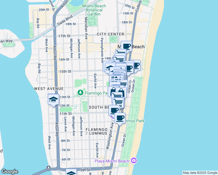 map of restaurants, bars, coffee shops, grocery stores, and more near in Miami Beach