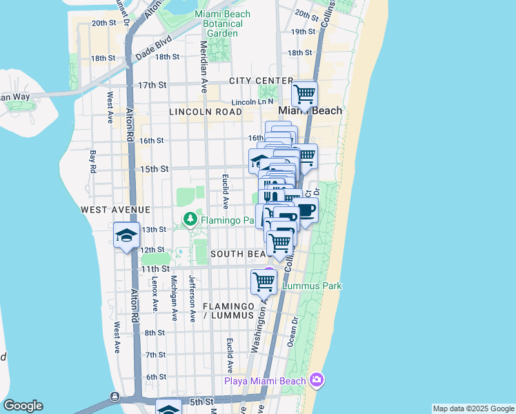 map of restaurants, bars, coffee shops, grocery stores, and more near in Miami Beach
