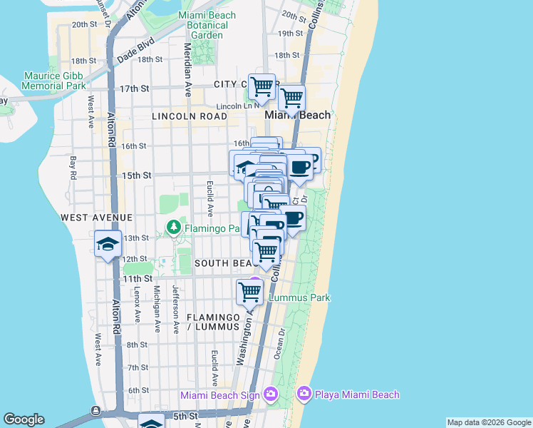 map of restaurants, bars, coffee shops, grocery stores, and more near 222 14th Street in Miami Beach