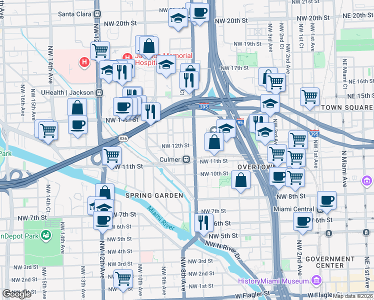 map of restaurants, bars, coffee shops, grocery stores, and more near in Miami