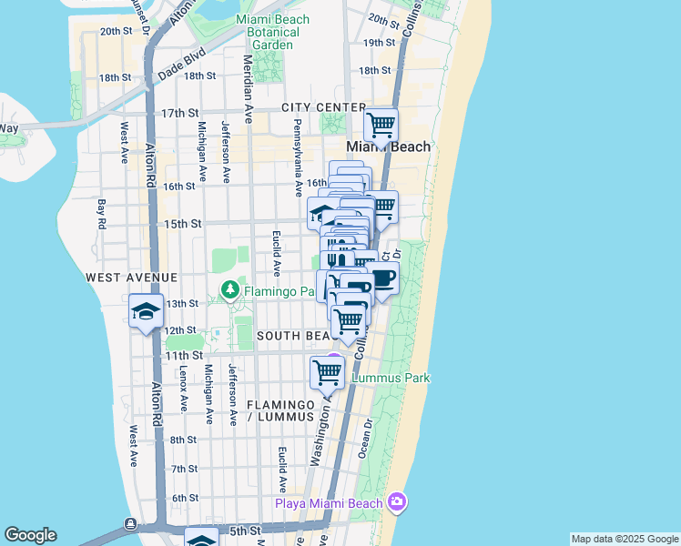 map of restaurants, bars, coffee shops, grocery stores, and more near in Miami Beach