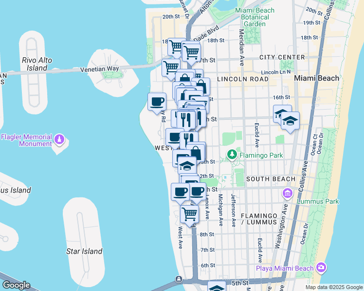 map of restaurants, bars, coffee shops, grocery stores, and more near in Miami Beach