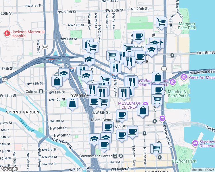 map of restaurants, bars, coffee shops, grocery stores, and more near 1118 Northwest 1st Court in Miami