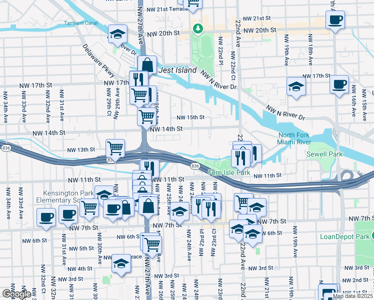 map of restaurants, bars, coffee shops, grocery stores, and more near 1360 Northwest 24th Avenue in Miami