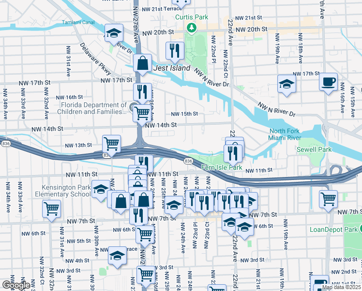 map of restaurants, bars, coffee shops, grocery stores, and more near 1360 Northwest 24th Avenue in Miami