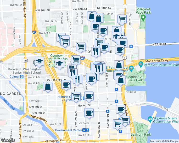 map of restaurants, bars, coffee shops, grocery stores, and more near 1151 Northwest 1st Avenue in Miami