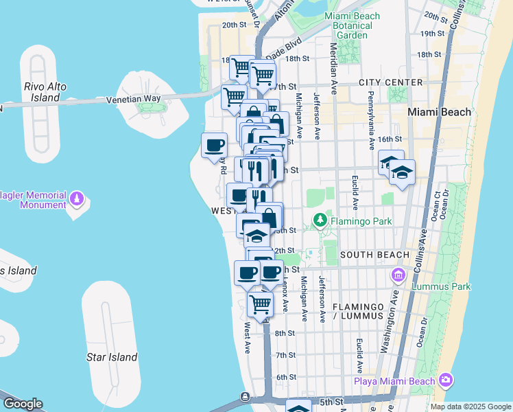 map of restaurants, bars, coffee shops, grocery stores, and more near in Miami Beach