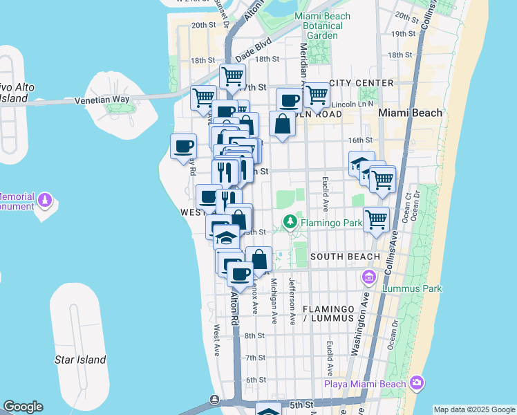 map of restaurants, bars, coffee shops, grocery stores, and more near 1350 Michigan Avenue in Miami Beach