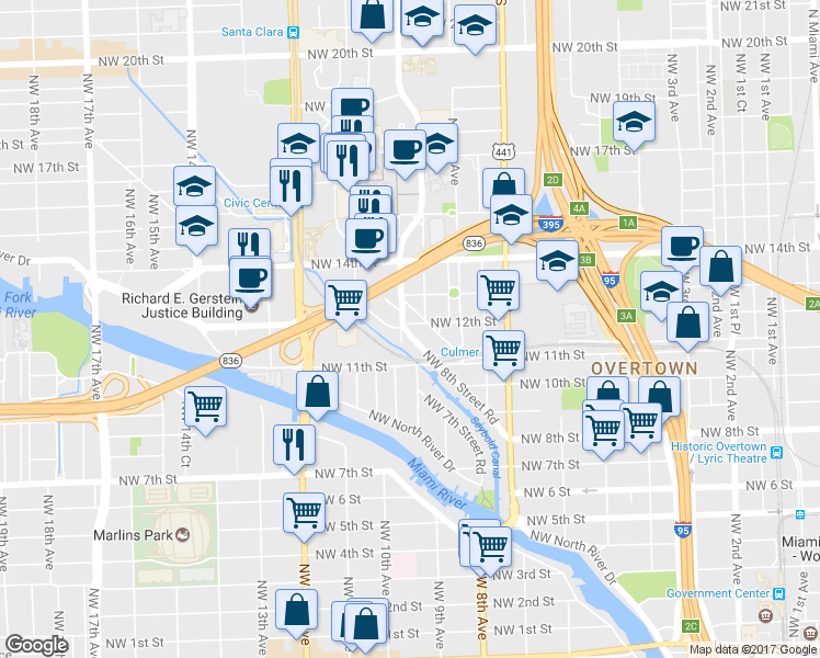 map of restaurants, bars, coffee shops, grocery stores, and more near 1120 Northwest 10th Avenue in Miami