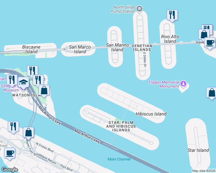 map of restaurants, bars, coffee shops, grocery stores, and more near 405 North Hibiscus Drive in Miami Beach