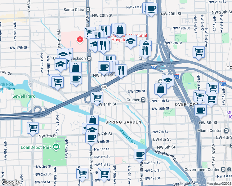 map of restaurants, bars, coffee shops, grocery stores, and more near 1120 Northwest 10th Avenue in Miami