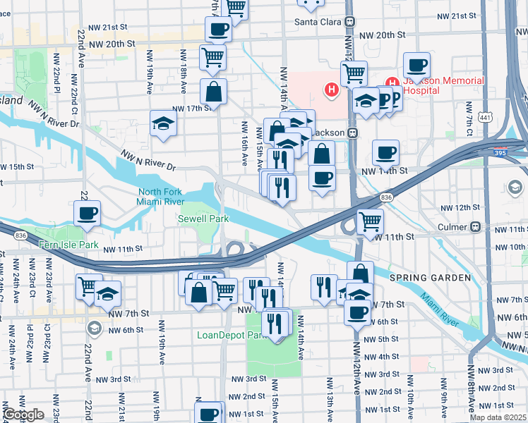map of restaurants, bars, coffee shops, grocery stores, and more near 1400 Northwest North River Drive in Miami